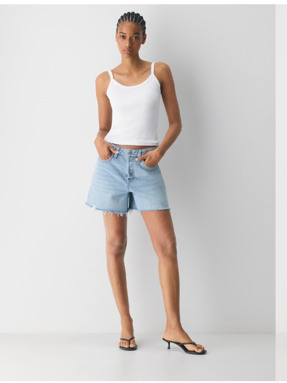 NWT Denim Forum Ex-Boyfriend Hi Mid-Thigh Denim Shorts in Light Blue